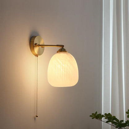 Nordic Striped Milk Glass Brass Pull Cord Wall Sconce
