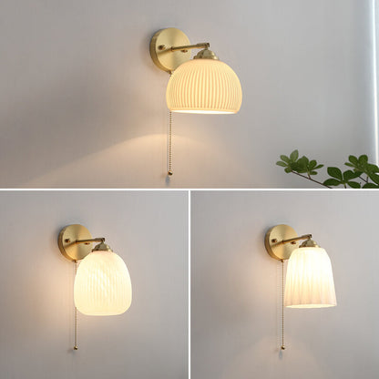 Nordic Striped Milk Glass Brass Pull Cord Wall Sconce
