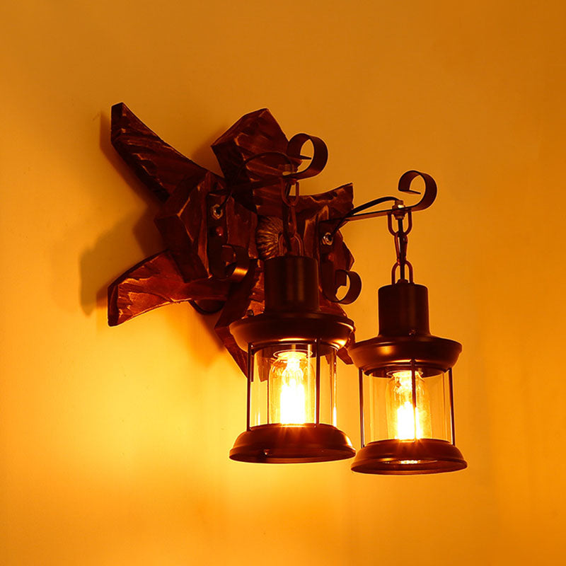 Farmhouse Wood Frame Iron 2-Light Wall Sconce Lamp
