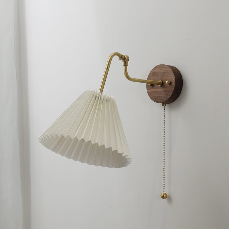 Vintage Walnut Brass Pleated Shade 1-Light Wall Sconce Lamp