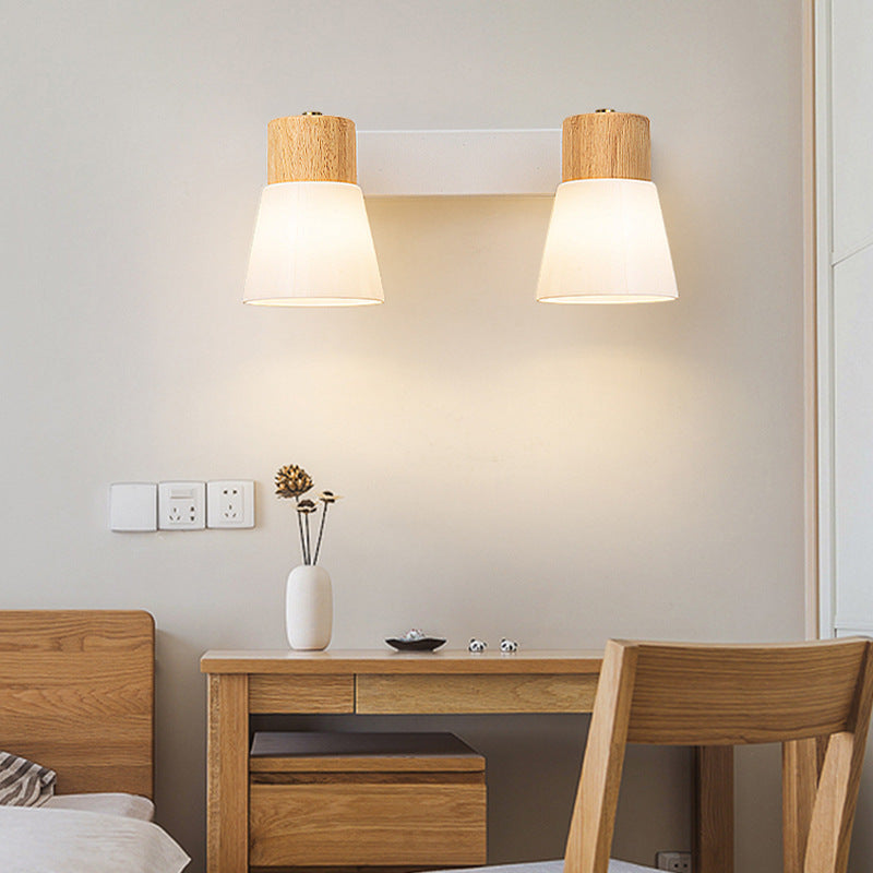 Rubberwood Glass Cone Rotatable 1/2 Light Wall Sconce Lamp