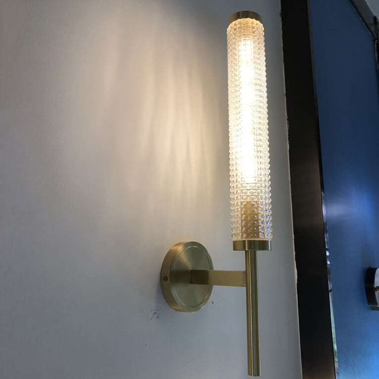Brass Crystal Long Column Straight Arm LED Wall Sconce Lamp