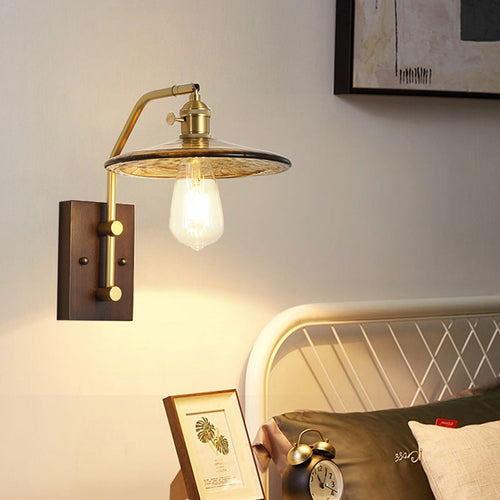 Traditional Round Wood Iron Glass 1-Light Wall Sconce Lamp