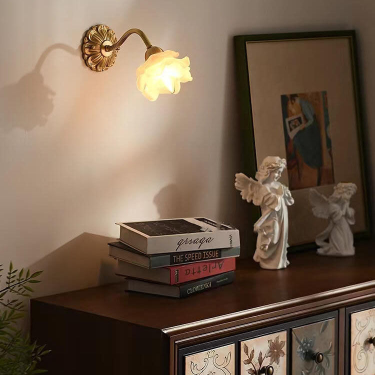 European Light Floral Glass Brass 1-Light Wall Sconce Lamp