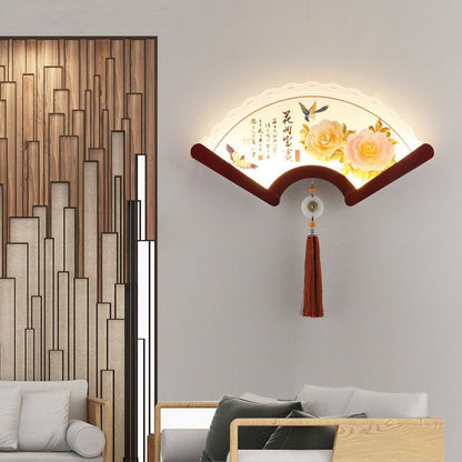 Chinese Elements Shade Wooden Edge LED Wall Sconce Lamp