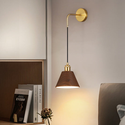 Round Iron Walnut Woodgrain 1-Light Wall Sconce Lamp