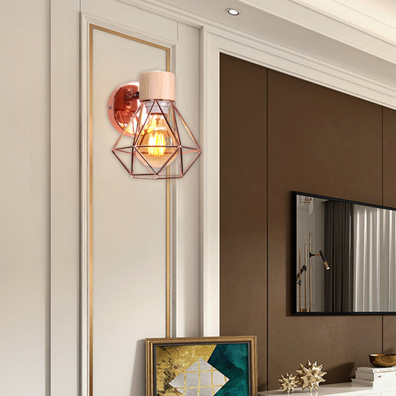 Luxury Iron Wood Polygon Diamond 1-Light Wall Sconce Lamp