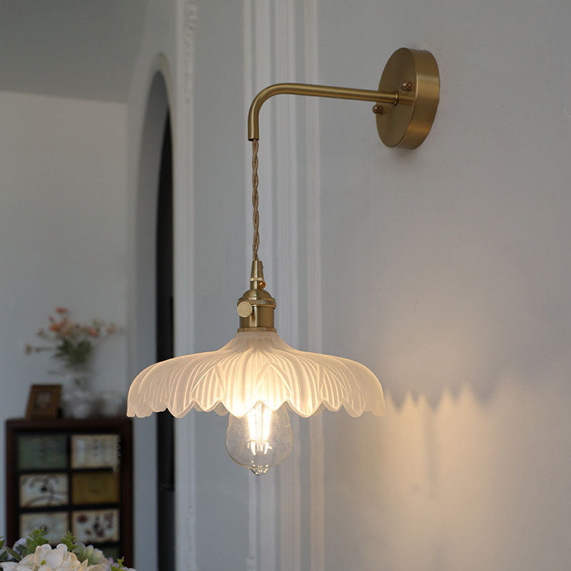 Art Deco Iron Flower Glass Shade 1-Light Wall Sconce Lamp