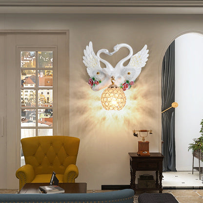 Deco Iron Crystal Couple Swan Ball 1-Light Wall Sconce Lamp