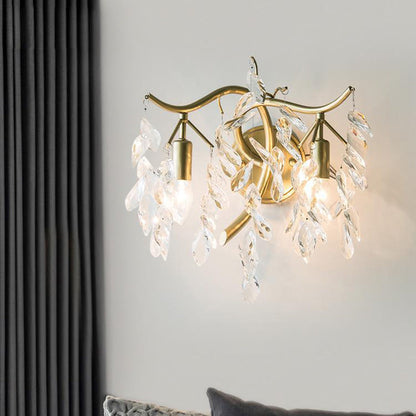 French Leaf Iron Copper Crystal 2-Light Wall Sconce Lamp