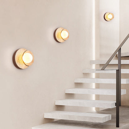 Modern Minimalist Round Wood Stone 1-Light Wall Sconce Lamp