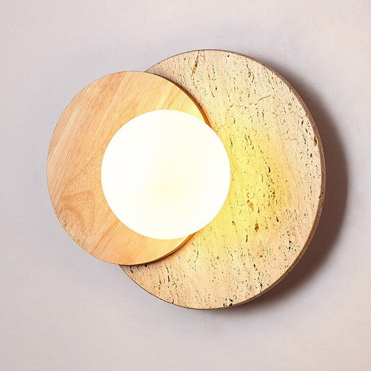 Modern Minimalist Round Wood Stone 1-Light Wall Sconce Lamp