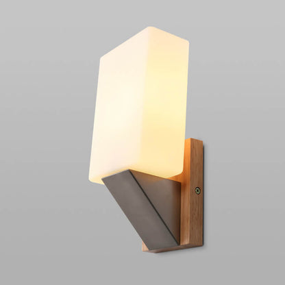 Square Glass Solid Wood Base 1-Light Wall Sconce Lamp