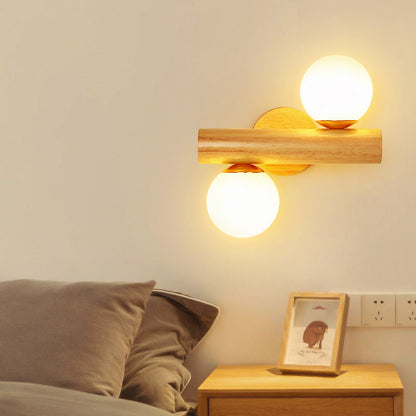 Cylinder Orb Wood Hardware Glass 2-Light Wall Sconce Lamp
