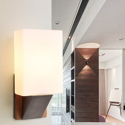 Square Glass Solid Wood Base 1-Light Wall Sconce Lamp