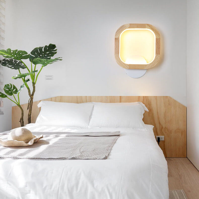 Japanese Round Rubber Wood Hardware LED Wall Sconce Lamp