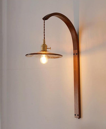 Japanese Shade Wood Curved Pole 1-Light Wall Sconce Lamp