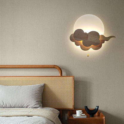 Chinese Round Cloudy Wood Acrylic LED Wall Sconce Lamp