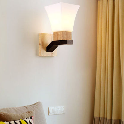 Quadrangular Solid Wood Iron Glass 1-Light Wall Sconce Lamp