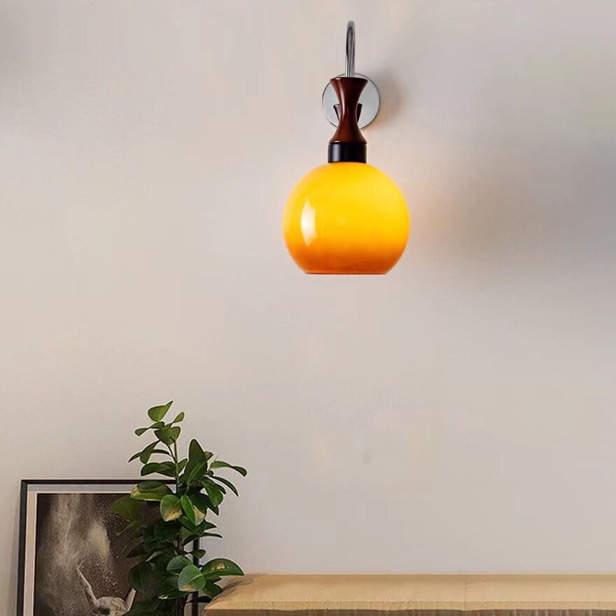 Wooden Iron Lamp Arm Glass Ball 1-Light Wall Sconce Lamp
