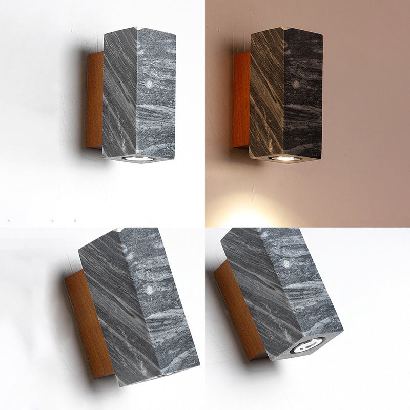 Cylinder Square Stone Wood 1-Light Wall Sconce Lamp