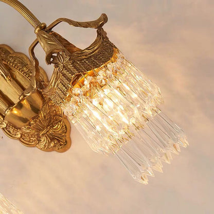 French Carved Leaf Brass Crystal 1/2 Light Wall Sconce Lamp