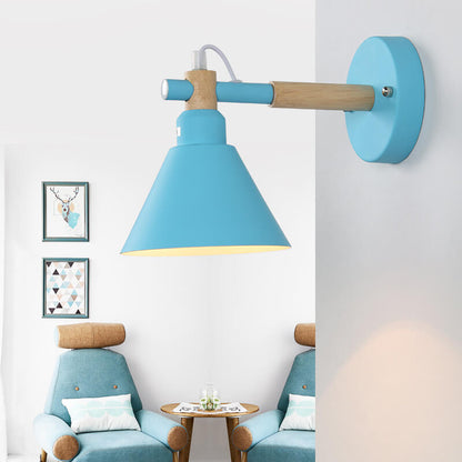 Macaron Iron Trumpet Shaped Wood 1-Light Wall Sconce Lamp