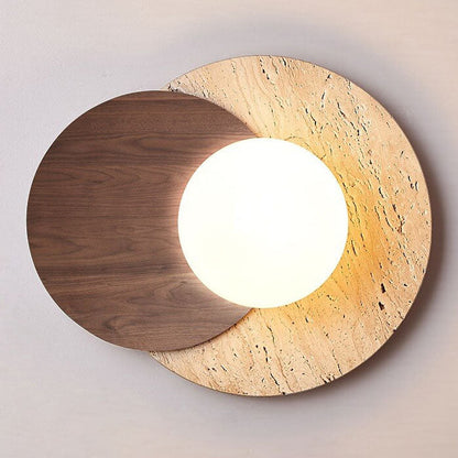 Modern Minimalist Round Wood Stone 1-Light Wall Sconce Lamp
