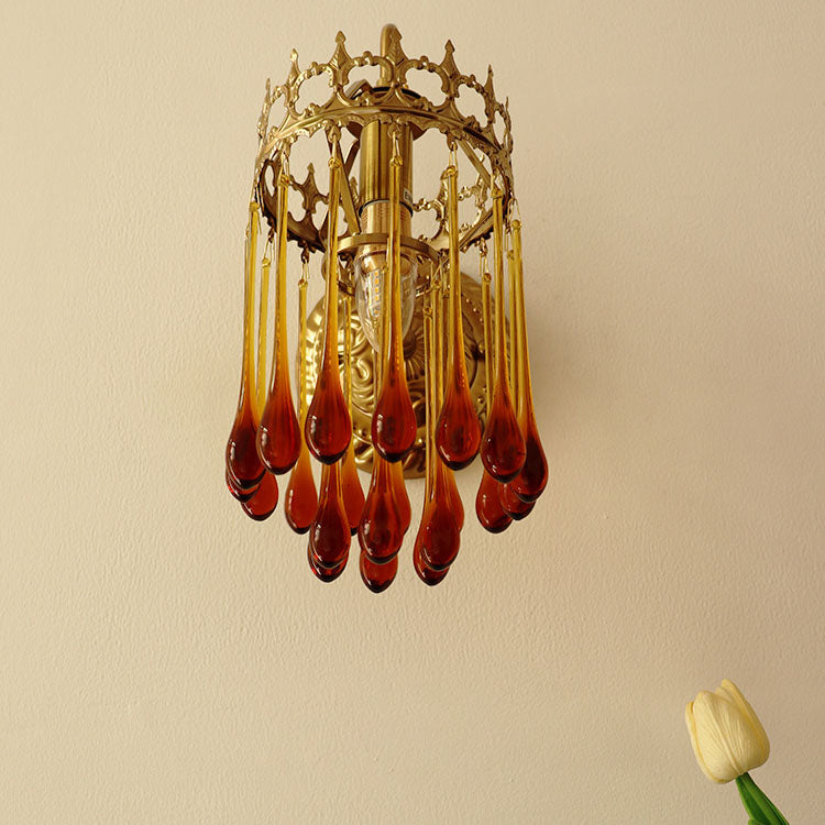 French Brown Water Drop Glass 1-Light Wall Sconce Lamp