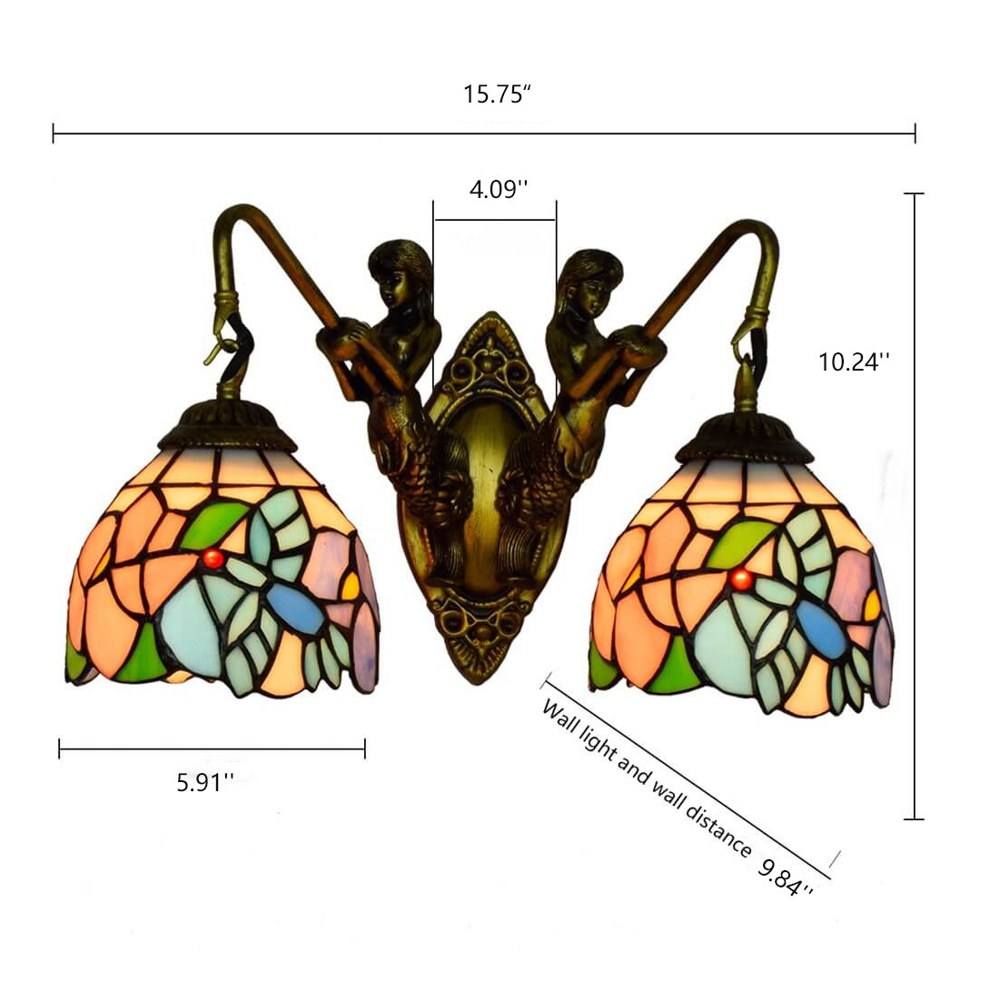 Tiffany Mermaid Stained Glass 2-Light Wall Sconce Lamp