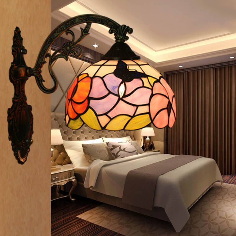 Tiffany Flower Stained Glass Dome 1-Light Wall Sconce Lamp