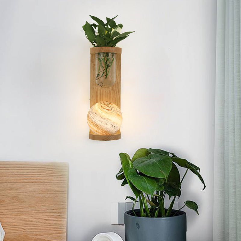 Glass Wood Planet Log Base Plant 1-Light Wall Sconce Lamp