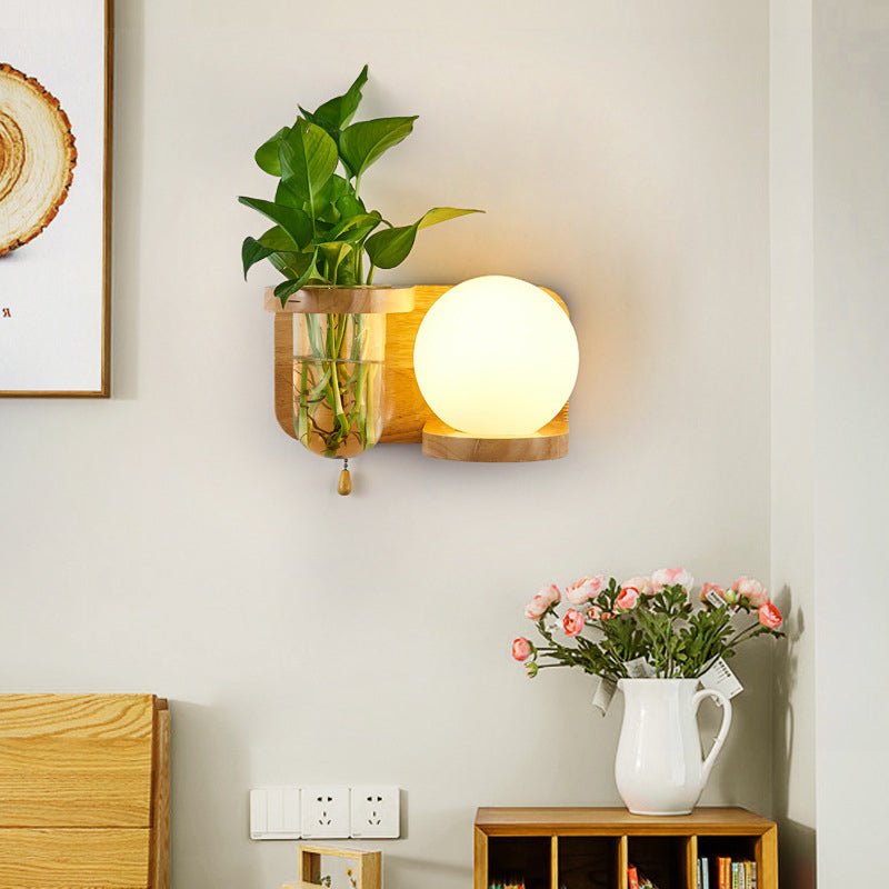 Rectangular Orb Glass Wood 1-Light Wall Sconce Lamp