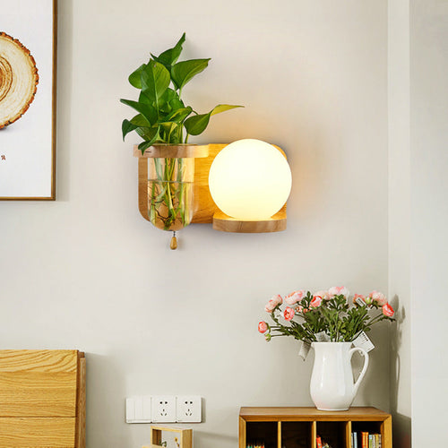Rectangular Orb Glass Wood 1-Light Wall Sconce Lamp