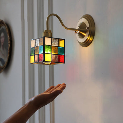 Square Cube Tulip Brass Glass 1-Light Wall Sconce Lamp