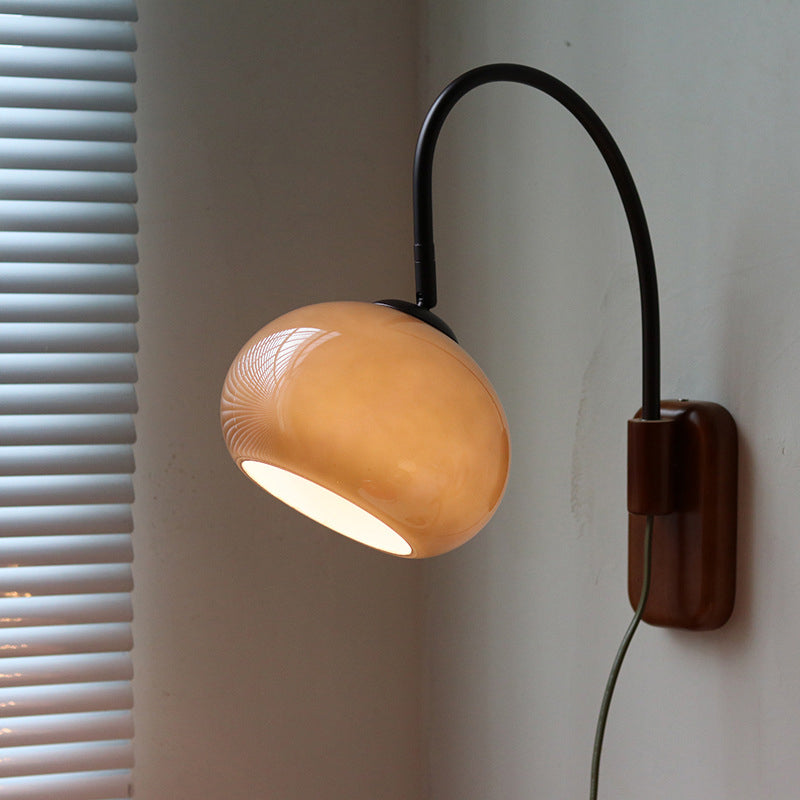 Half Round Fishing Rod Wood Glass 1-Light Wall Sconce Lamp