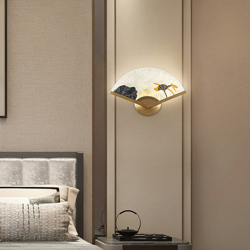 Chinese Glass Folding Fan Shaped Brass LED Wall Sconce Lamp