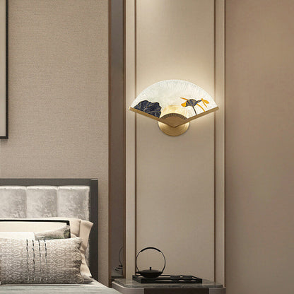Chinese Glass Folding Fan Shaped Brass LED Wall Sconce Lamp