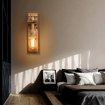 Rectangular Wood Hemp Rope 1-Light Wall Sconce Lamp