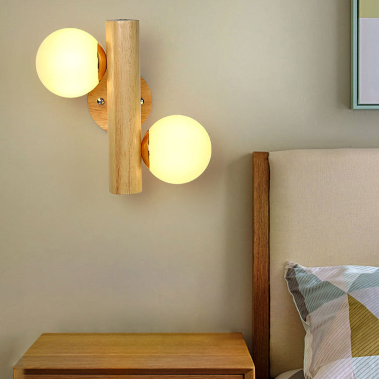 Scandinavian Orb Rubberwood Glass 2-Light Wall Sconce Lamp