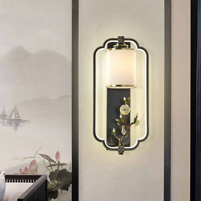 Chinese Jade Copper Square Oval 1- Light Wall Sconce Lamp