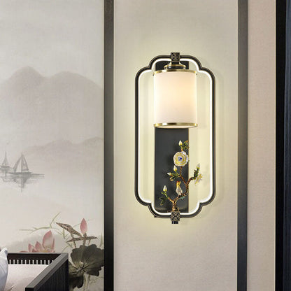 Chinese Jade Copper Square Oval 1- Light Wall Sconce Lamp
