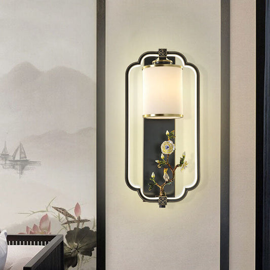 Chinese Jade Copper Square Oval 1- Light Wall Sconce Lamp