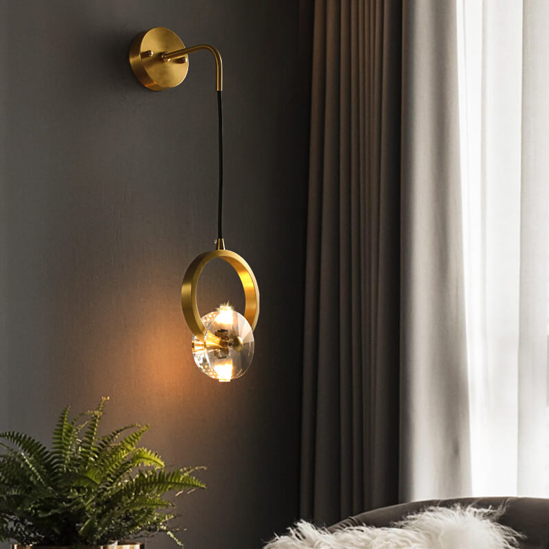 Golden Copper Circle Ring Crystal 1-Light Wall Sconce Lamp