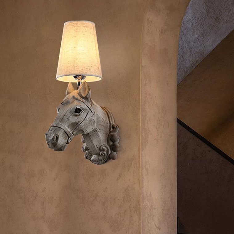 Resin Horse Head Fabric Lampshade 1-Light Wall Sconce Lamp
