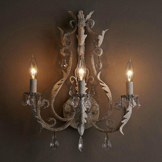 French Iron Crystal Hardware 3-Light Wall Sconce Lamp