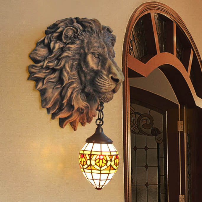 Tiffany Resin Lion's Head 1-Light Wall Sconce Lamp