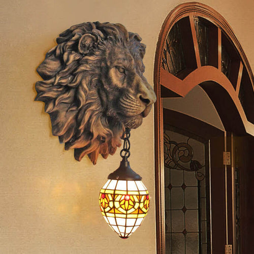 Tiffany Resin Lion's Head 1-Light Wall Sconce Lamp