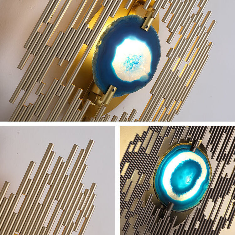 Light Metal Tube Blue Agate Slice 1-Light Wall Sconce Lamp