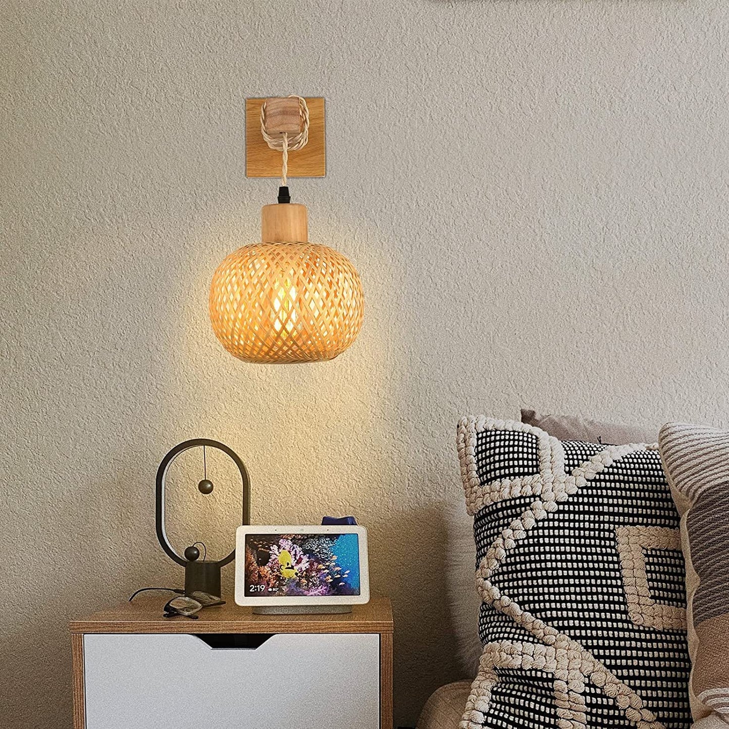Japanese Round Head Rattan Weaving 1-Light Wall Sconce Lamp